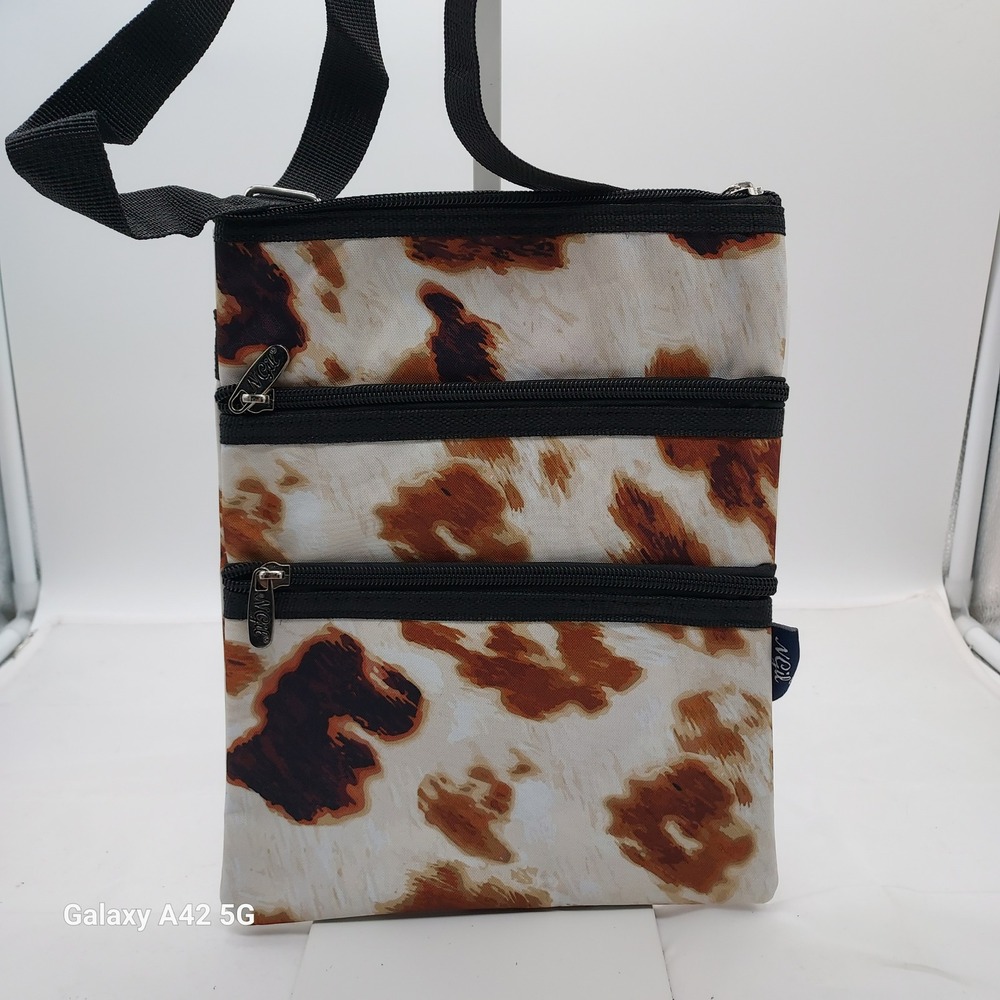 NGIL Cow Print Triple Zipper Crossbody Bag Brown Cream COF231-BLACK